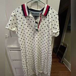 Tommy Hilfiger White Polo Dress with Navy Polka Dots and Red-Trim Collar